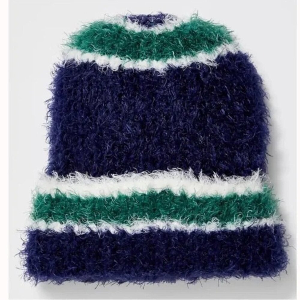 Free People Airy Rib Stripe Beanie One Size Navy Green White Fuzzy Soft NWOT